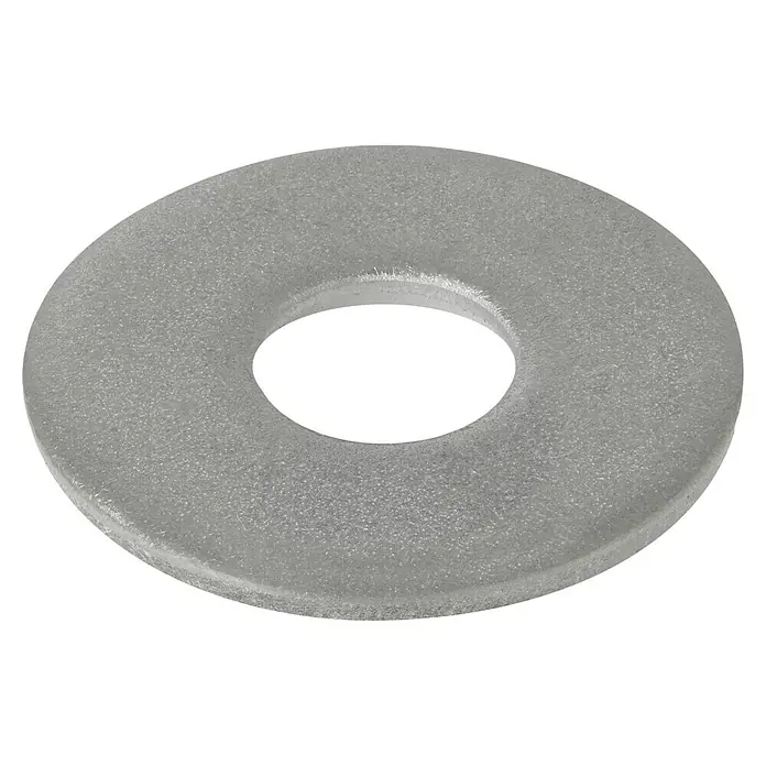 Profi Depot Bauscheibe A2 - Außendurchmesser: 40 mm, 50 Stk., Edelstahl - Nahaufnahme einer Unterlegscheibe aus grauem Kunststoff vor schwarzem Hintergrund. Das Zubehörteil ist kreisrund und hat ein Loch in der Mitte.