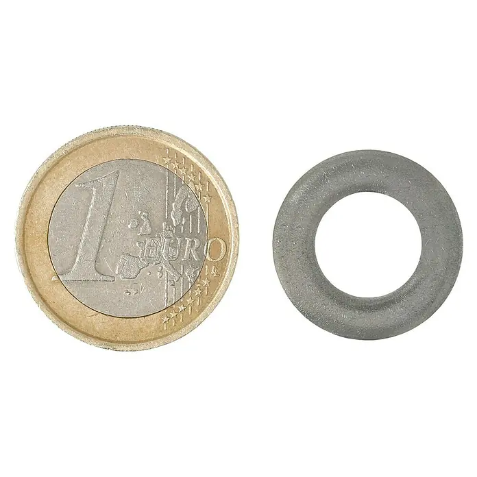 Profi Depot Unterlegscheibe A2 - Außendurchmesser: 20 mm, 100 Stk., Edelstahl - Ein Euro-Münze liegt neben einer Unterlegscheibe.