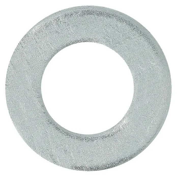 Profi Depot Unterlegscheibe - Innendurchmesser: 8,4 mm, Außendurchmesser: 16 mm, 100 Stk., Verzinkt - Nahaufnahme einer silberfarbenen Unterlegscheibe, die auf einem schwarzen Hintergrund liegt. Sie weist eine leicht raue Textur auf.