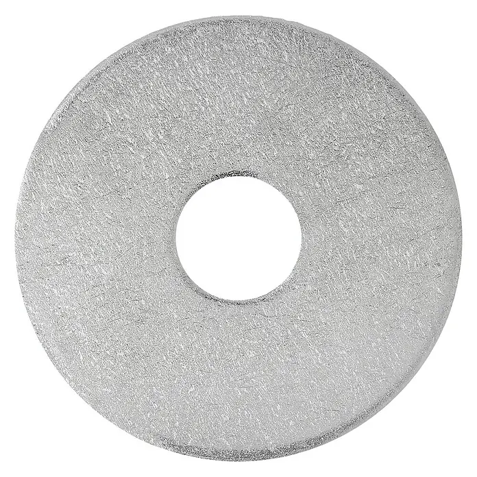 Profi Depot Karosseriescheibe VZ - Innendurchmesser: 10,5 mm, Außendurchmesser: 40 mm, 50 Stk., Verzinkt - Nahaufnahme einer flachen, silberfarbenen Unterlegscheibe mit einem Loch in der Mitte auf schwarzem Hintergrund.