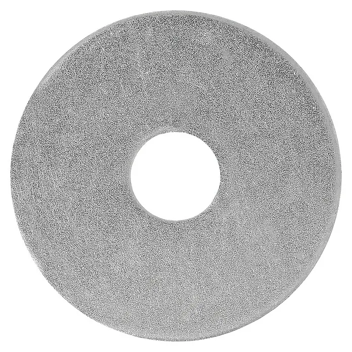 Profi Depot Karosseriescheibe VZ - Innendurchmesser: 6,4 mm, Außendurchmesser: 25 mm, 100 Stk., Verzinkt - Nahaufnahme eines runden, strukturierten Unterlegscheibe mit einem zentralen Loch, ideal für verschiedene Anwendungen.