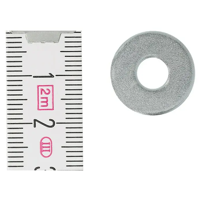 Profi Depot Bauscheibe VZ - 6,4 mm, 100 Stk., Verzinkt - Das Bild zeigt eine Unterlegscheibe mit einem Messlineal daneben, um die Größe des Produkts besser einschätzen zu können.