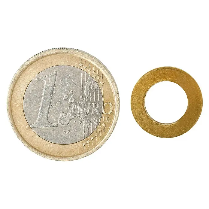 Unterlegscheibe - Innendurchmesser: 8,4 mm, Außendurchmesser: 15 mm, Messing, Blank, 6 Stk. - Ein Euro-Münze liegt neben einer goldenen Unterlegscheibe auf schwarzem Hintergrund.