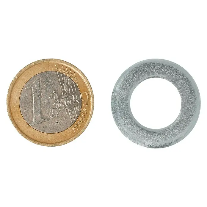 Profi Depot Unterlegscheibe - Innendurchmesser: 13 mm, Außendurchmesser: 24 mm, 100 Stk., Verzinkt - Vergleich von Euro-Münze und durchsichtigem Dichtungsring, ideal für präzise Messungen und Anwendungen.