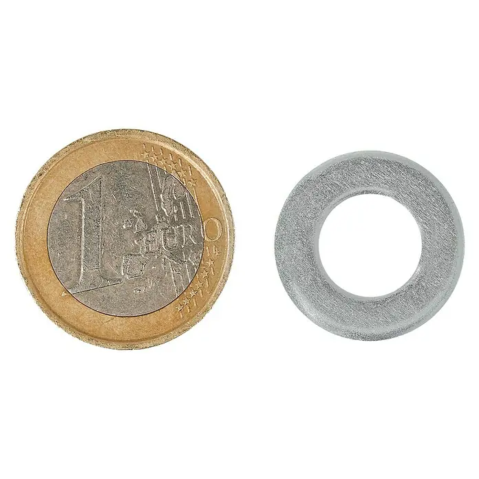 Profi Depot Unterlegscheibe - Innendurchmesser: 10,5 mm, Außendurchmesser: 20 mm, 100 Stk., Verzinkt - Ein Euro-Stück liegt neben einer durchsichtigen Unterlegscheibe, um die Größe des Produkts zu veranschaulichen.