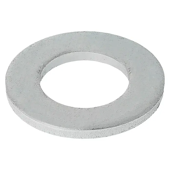 Profi Depot Unterlegscheibe - Innendurchmesser: 8,4 mm, Außendurchmesser: 16 mm, 100 Stk., Verzinkt - Nahaufnahme einer Metallscheibe auf schwarzem Hintergrund. Die Scheibe ist silbern und hat ein Loch in der Mitte.