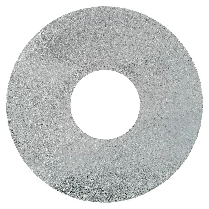Profi Depot Karosseriescheibe VZ - Innendurchmesser: 13 mm, Außendurchmesser: 40 mm, 50 Stk., Verzinkt - Nahaufnahme einer silbernen Unterlegscheibe mit einem Loch in der Mitte auf schwarzem Hintergrund.