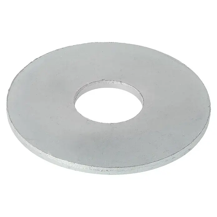 Profi Depot Karosseriescheibe VZ - Innendurchmesser: 13 mm, Außendurchmesser: 40 mm, 50 Stk., Verzinkt - Nahaufnahme einer flachen, runden Metallscheibe, auch Unterlegscheibe genannt, mit einem Loch in der Mitte auf schwarzem Hintergrund.
