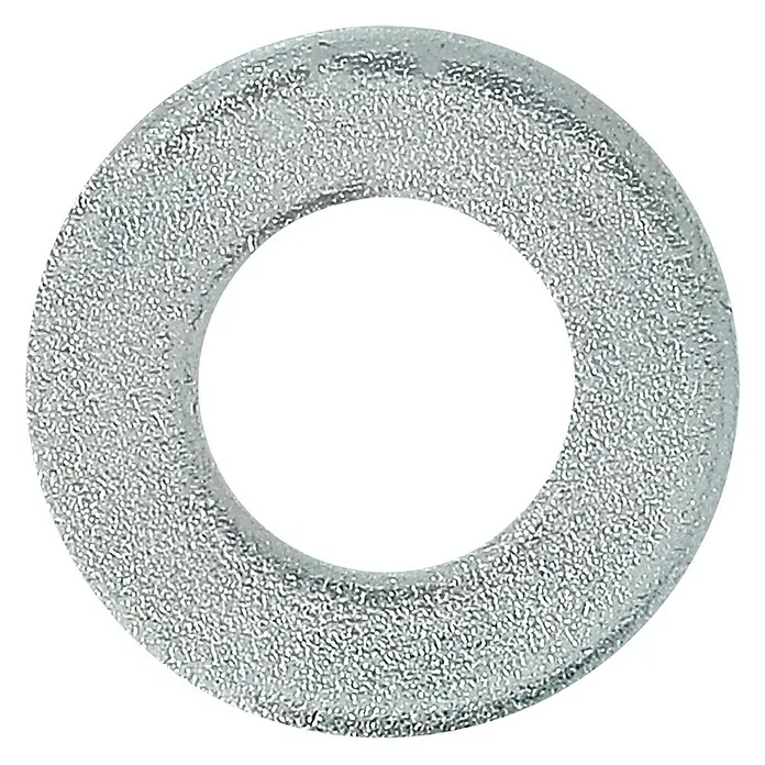 Profi Depot Unterlegscheibe - Innendurchmesser: 4,3 mm, Außendurchmesser: 7 mm, 100 Stk., Verzinkt - Nahaufnahme einer silbernen Unterlegscheibe mit körniger Textur und einem Loch in der Mitte, isoliert auf schwarzem Hintergrund.