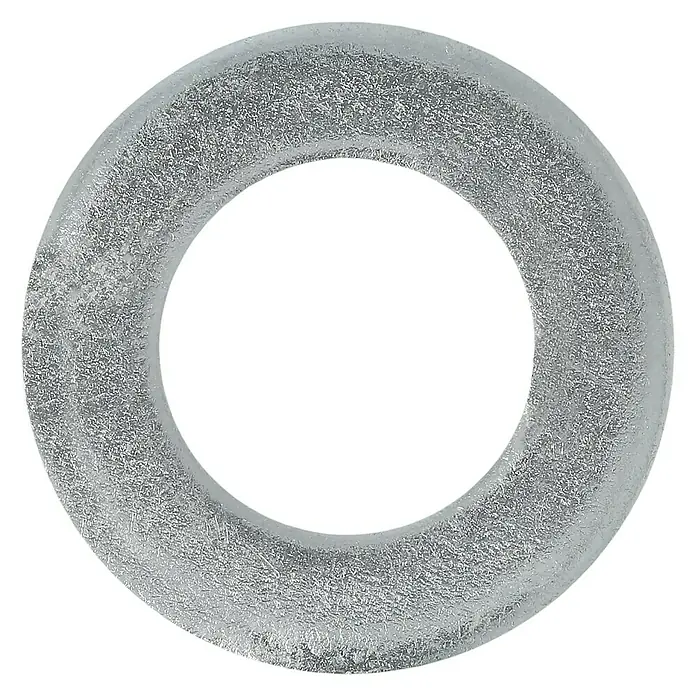 Profi Depot Unterlegscheibe - Innendurchmesser: 13 mm, Außendurchmesser: 24 mm, 100 Stk., Verzinkt - Nahaufnahme eines transparenten Rings mit eisähnlicher Textur, der vor einem schwarzen Hintergrund schwebt. Der Ring erzeugt einen faszinierenden visuellen Effekt.