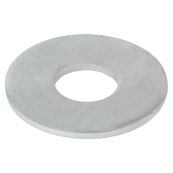 Profi Depot Bauscheibe VZ - 6,4 mm, 100 Stk., Verzinkt - Nahaufnahme einer Unterlegscheibe aus klarem Kunststoff vor einem schwarzen Hintergrund, die ein einfaches, aber essentielles Designelement zeigt.