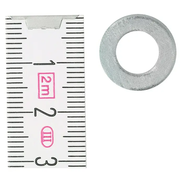 Profi Depot Unterlegscheibe - Innendurchmesser: 8,4 mm, Außendurchmesser: 16 mm, 100 Stk., Verzinkt - Unterlegscheibe neben einem Messwerkzeug zur Größenbestimmung. Ideal für Projekte, die Präzision erfordern.