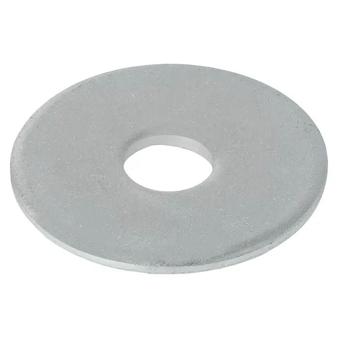 Profi Depot Karosseriescheibe VZ - Innendurchmesser: 5,3 mm, Außendurchmesser: 20 mm, 100 Stk., Verzinkt - Nahaufnahme einer transparenten Unterlegscheibe mit einem Loch in der Mitte, isoliert auf einem schwarzen Hintergrund.