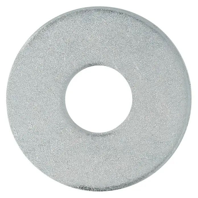 Profi Depot Karosseriescheibe VZ - Innendurchmesser: 8,4 mm, Außendurchmesser: 25 mm, 100 Stk., Verzinkt - Nahaufnahme einer glänzenden, metallischen Unterlegscheibe mit einer rauen Textur und einem Loch in der Mitte auf schwarzem Hintergrund.