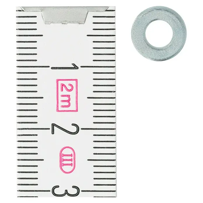 Profi Depot Unterlegscheibe - Innendurchmesser: 4,3 mm, Außendurchmesser: 7 mm, 100 Stk., Verzinkt - Nahaufnahme einer Unterlegscheibe neben einem Messlineal, das einen Durchmesser zwischen 10 und 15 Millimetern andeutet.