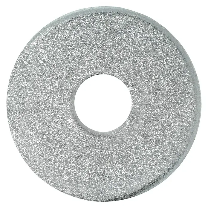 Profi Depot Karosseriescheibe VZ - Innendurchmesser: 5,3 mm, Außendurchmesser: 20 mm, 100 Stk., Verzinkt - Nahaufnahme einer glänzenden, silberfarbenen Unterlegscheibe vor einem schwarzen Hintergrund. Ideal für Heimwerker- und Konstruktionsprojekte.