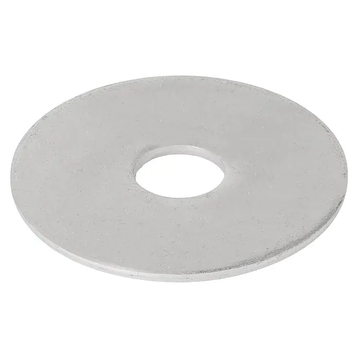Profi Depot Karosseriescheibe VZ - Innendurchmesser: 10,5 mm, Außendurchmesser: 40 mm, 50 Stk., Verzinkt - Nahaufnahme einer hellgrauen Unterlegscheibe mit einem Loch in der Mitte, die auf einer schwarzen Oberfläche liegt.