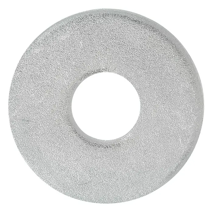 Profi Depot Karosseriescheibe VZ - Innendurchmesser: 6,4 mm, Außendurchmesser: 20 mm, 100 Stk., Verzinkt - Nahaufnahme einer silbernen Metallscheibe, die auf einem schwarzen Hintergrund liegt und ein Loch in der Mitte hat.
