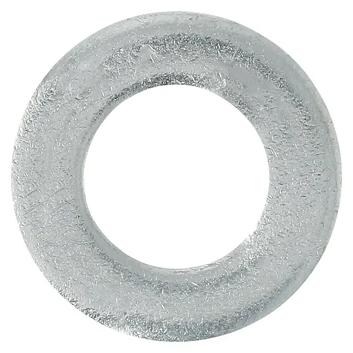 Profi Depot Unterlegscheibe - Innendurchmesser: 6,4 mm, Außendurchmesser: 12 mm, 100 Stk., Verzinkt - Nahaufnahme einer transparenten Unterlegscheibe, die Licht reflektiert und Textur zeigt, ideal für verschiedene Montageanwendungen.