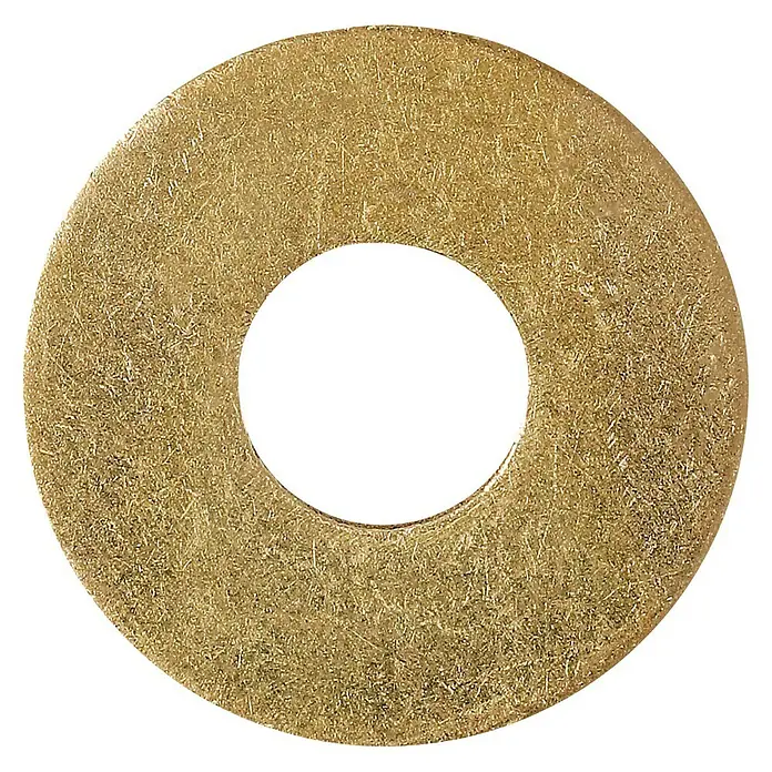 Karosseriescheibe - Innendurchmesser: 6,4 mm, Außendurchmesser: 18 mm, Messing, Blank, 12 Stk., DIN 9021 - Nahaufnahme einer goldenen Unterlegscheibe mit einem Loch in der Mitte, isoliert auf schwarzem Hintergrund.