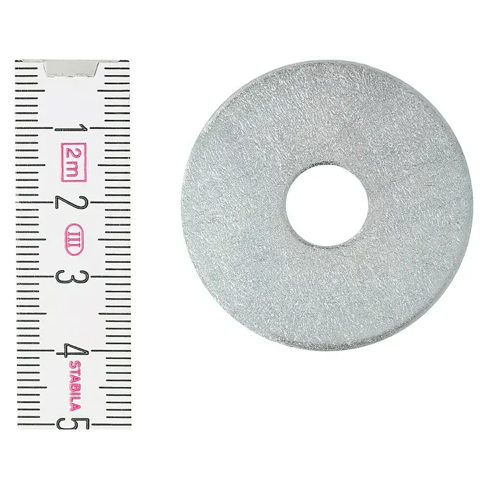 Profi Depot Karosseriescheibe VZ - Innendurchmesser: 10,5 mm, Außendurchmesser: 40 mm, 50 Stk., Verzinkt - Aufnahme eines Metallrings mit Messstab. Der Metallring dient als Unterlegscheibe, der Messstab hilft bei der Größenermittlung des Produkts.
