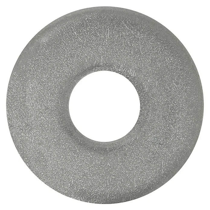 Profi Depot Bauscheibe A2 - Außendurchmesser: 40 mm, 50 Stk., Edelstahl - Detailaufnahme einer Unterlegscheibe aus Metall mit einer feinen, körnigen Textur und einem zentralen Loch.