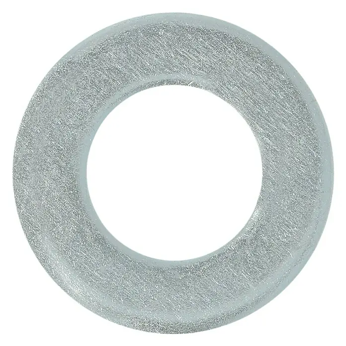 Profi Depot Unterlegscheibe - Innendurchmesser: 10,5 mm, Außendurchmesser: 20 mm, 100 Stk., Verzinkt - Nahaufnahme einer transparenten Unterlegscheibe mit einer feinen, fast unsichtbaren Oberflächenstruktur, die das Licht sanft reflektiert.