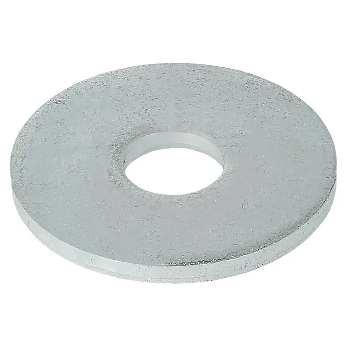 Profi Depot Karosseriescheibe VZ - Innendurchmesser: 4,3 mm, Außendurchmesser: 15 mm, 100 Stk., Verzinkt - Nahaufnahme einer Unterlegscheibe aus Metall. Das kreisförmige Objekt hat ein Loch in der Mitte und eine flache, silberne Oberfläche.