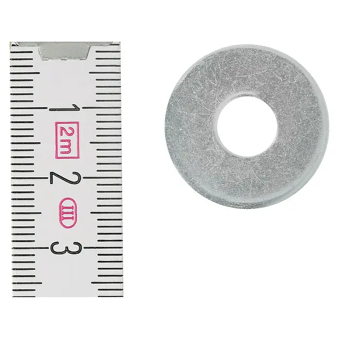 Profi Depot Bauscheibe VZ - 8,4 mm, 100 Stk., Verzinkt - Nahaufnahme einer Unterlegscheibe neben einem Messschieber, der ca. 23 Millimeter anzeigt. Das Bild zeigt die Details der Unterlegscheibe.