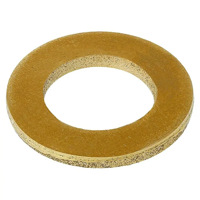 Unterlegscheibe - Innendurchmesser: 8,4 mm, Außendurchmesser: 15 mm, Messing, Blank, 6 Stk. - Nahaufnahme eines goldenen Unterlegscheibe vor schwarzem Hintergrund, die das Detail und die Textur des Metallprodukts hervorhebt.