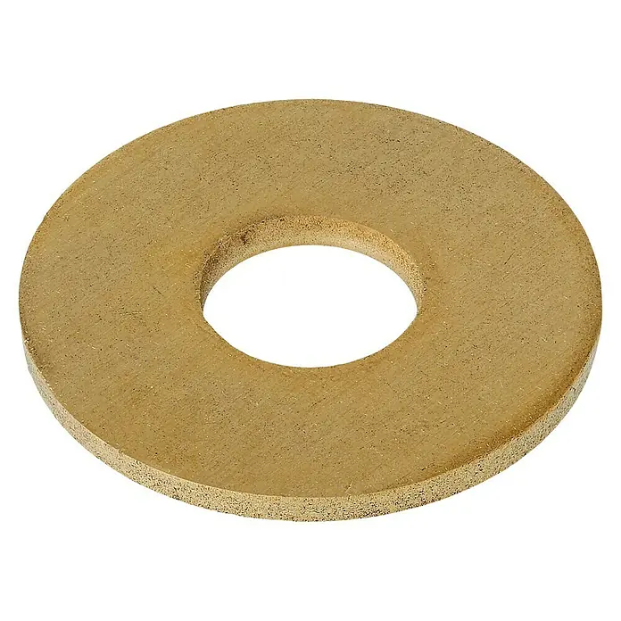 Stabilit KarosseriescheibeInnendurchmesser: 8,4 mm, Außendurchmesser: 24 mm, Messing, Blank, 8 Stk., DIN 9021 - Ein einzelner, goldfarbener Holzring auf einem schwarzen Hintergrund. Der Ring hat ein Loch in der Mitte und eine glatte Oberfläche.