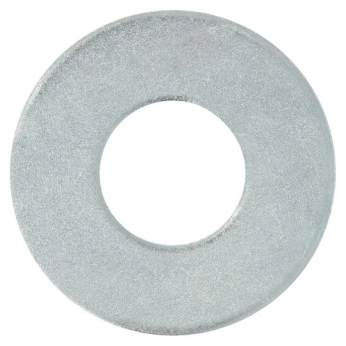 Profi Depot Karosseriescheibe VZ - Innendurchmesser: 13 mm, Außendurchmesser: 30 mm, 50 Stk., Verzinkt - Nahaufnahme einer silbernen Unterlegscheibe mit rundem Loch in der Mitte auf schwarzem Hintergrund.