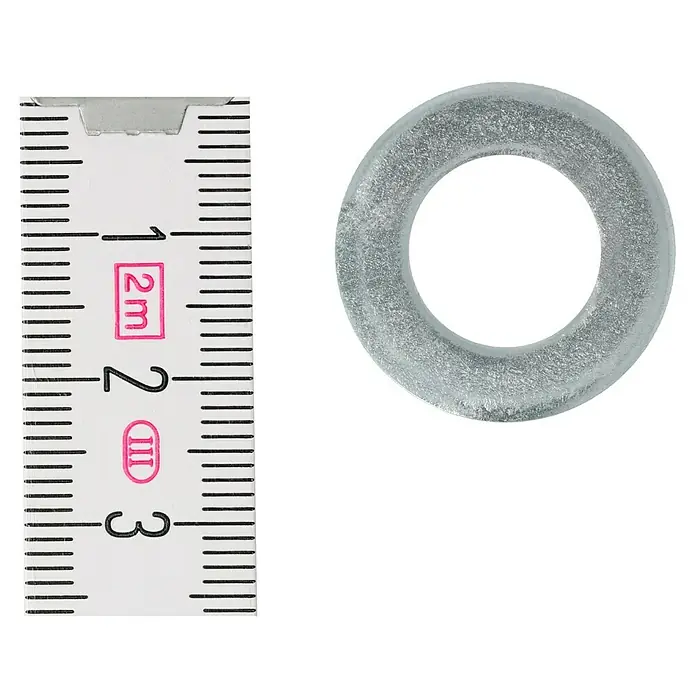 Profi Depot Unterlegscheibe - Innendurchmesser: 13 mm, Außendurchmesser: 24 mm, 100 Stk., Verzinkt - Das Bild zeigt eine klare Unterlegscheibe neben einem Messwerkzeug, was ihre Größe verdeutlicht. Ideal für Bau- oder Reparaturprojekte.