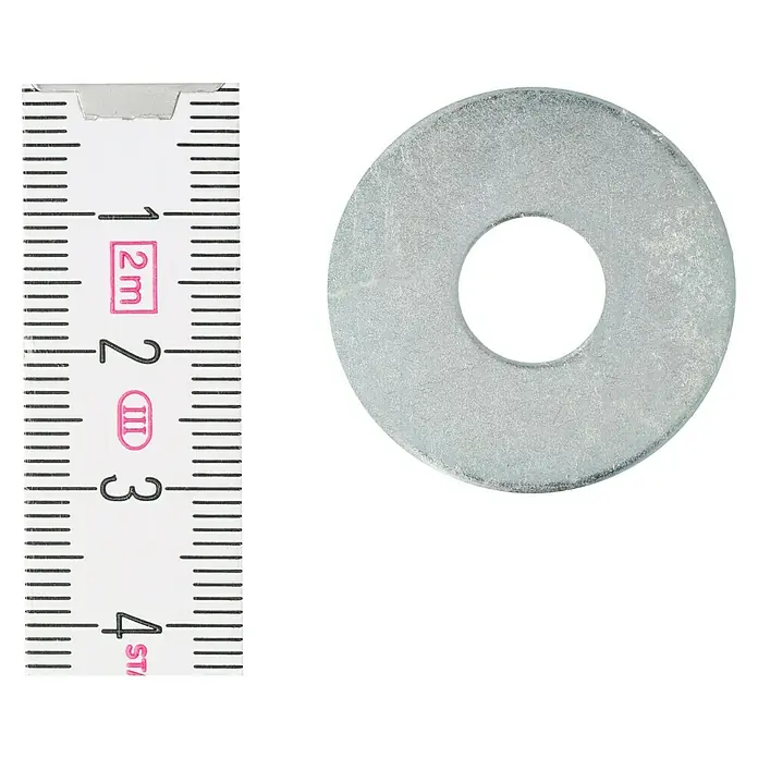 Profi Depot Karosseriescheibe VZ - Innendurchmesser: 10,5 mm, Außendurchmesser: 30 mm, 100 Stk., Verzinkt - Nahaufnahme einer Unterlegscheibe mit einem Messgerät, das eine genaue Größenreferenz bietet. Perfekt für technische Dokumentationen.