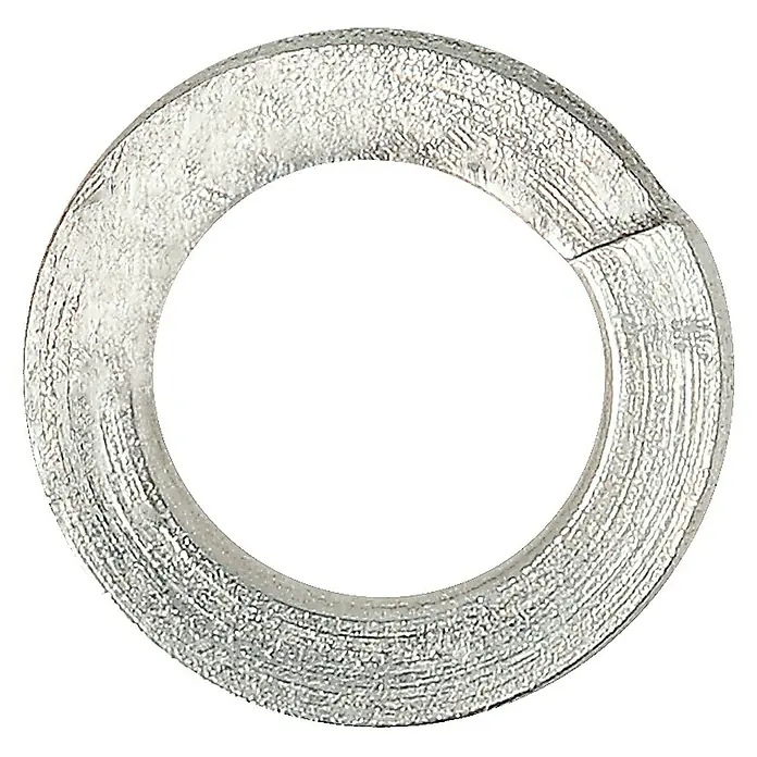 Federring A2 - Innendurchmesser: 5,1 mm, Edelstahl, 16 Stk. - Eine Nahaufnahme eines silbernen Federrings, der in der Mitte offen ist und ein markantes Detail für Schraubverbindungen darstellt.