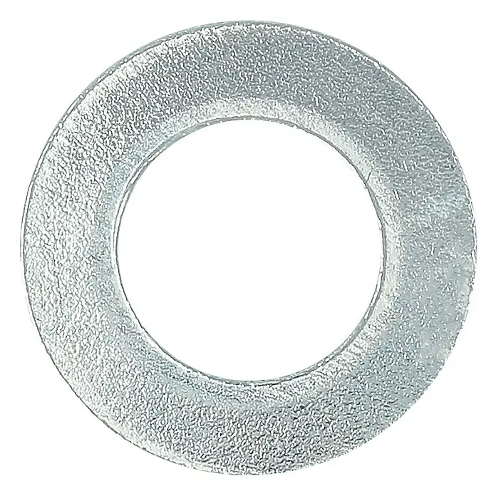 Profi Depot Unterlegscheibe - Innendurchmesser: 5,3 mm, Außendurchmesser: 10 mm, 100 Stk., Verzinkt - Nahaufnahme einer silbernen Unterlegscheibe, die auf einem schwarzen Hintergrund liegt und ein industrielles Aussehen hat.