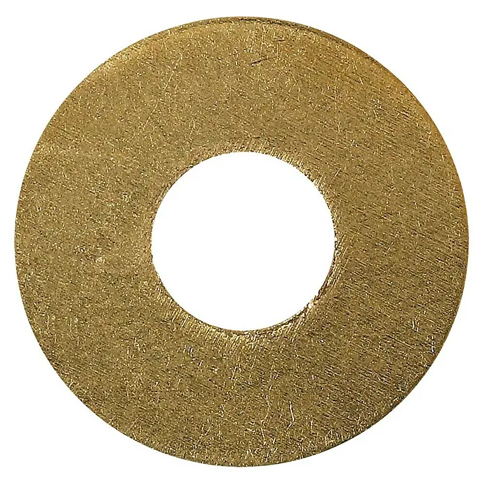Karosseriescheibe - Innendurchmesser: 5,3 mm, Außendurchmesser: 15 mm, Messing, Blank, 12 Stk., DIN 9021 - Nahaufnahme einer goldenen Unterlegscheibe mit einer texturierten Oberfläche und einem zentrierten Loch auf schwarzem Hintergrund.