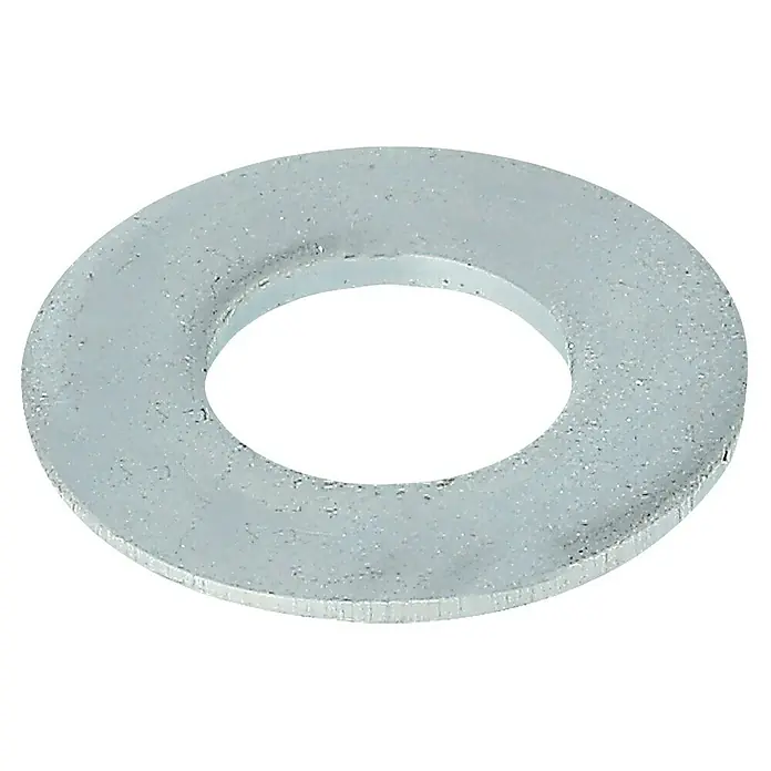 Profi Depot Unterlegscheibe - Innendurchmesser: 4,3 mm, Außendurchmesser: 7 mm, 100 Stk., Verzinkt - Nahaufnahme einer Unterlegscheibe aus Metall, die in der Bauindustrie zur Lastverteilung verwendet wird, vor einem schwarzen Hintergrund.