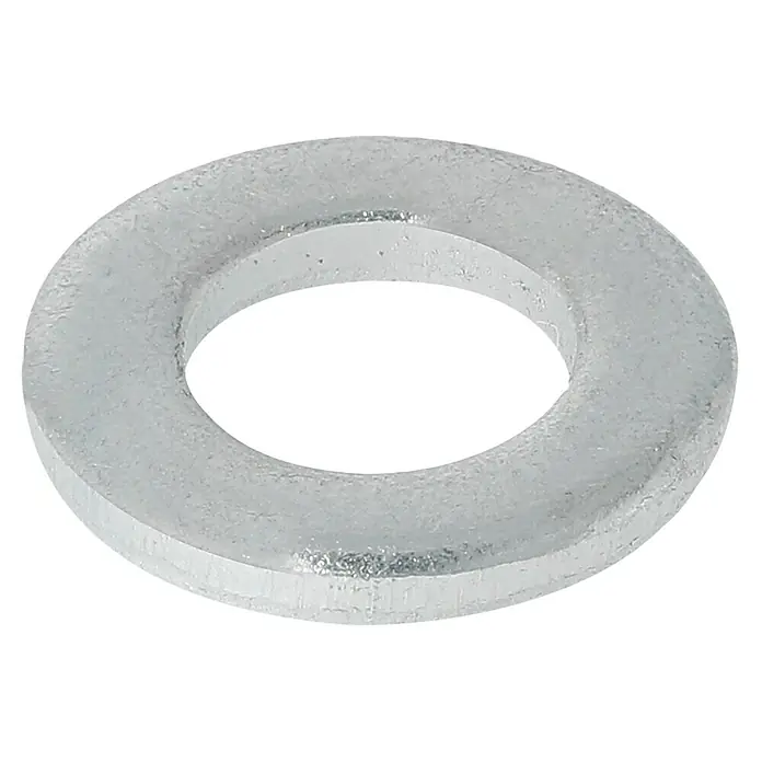 Profi Depot Unterlegscheibe - Innendurchmesser: 6,4 mm, Außendurchmesser: 12 mm, 100 Stk., Verzinkt - Nahaufnahme einer flachen Unterlegscheibe aus Metall mit silberner Oberfläche vor schwarzem Hintergrund.