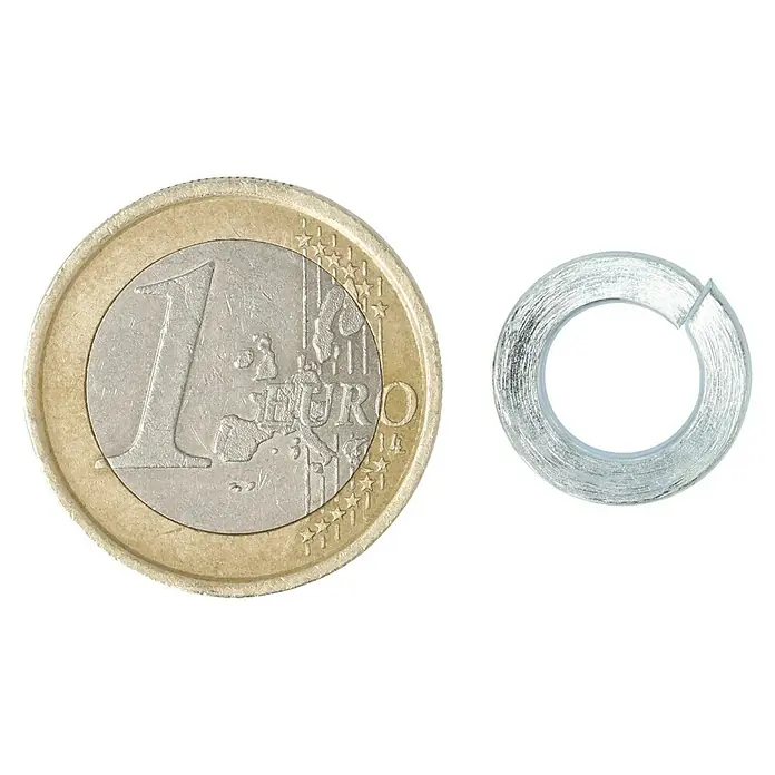 Profi Depot Federring - 8,1 mm, 100 Stk., DIN 127, Verzinkt - Nahaufnahme einer Euro-Münze neben einer kleinen Rolle selbstklebenden, silbernen Dichtband zur Abdichtung.