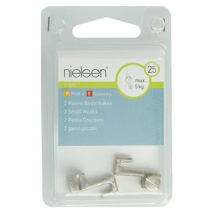 Nielsen Bilderhaken - Belastbarkeit: 5 kg, Metall, Silber, 2 Stk. - Eine Packung Nielsen-Bilderhaken, bestehend aus zwei kleinen Haken, geeignet für ein Gewicht von bis zu 5 kg. Ideal zum Aufhängen von Bildern.