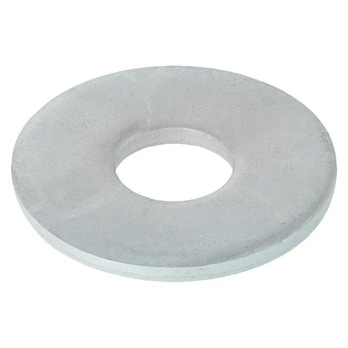 Profi Depot Bauscheibe VZ - 10,5 mm, 100 Stk., Verzinkt - Nahaufnahme einer weißen Unterlegscheibe mit einem Loch in der Mitte, ideal für Heimwerker- und Reparaturarbeiten.