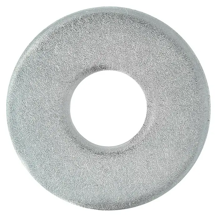 Profi Depot Bauscheibe VZ - 10,5 mm, 100 Stk., Verzinkt - Nahaufnahme einer Unterlegscheibe aus mattiertem Glas mit einem Loch in der Mitte, ideal für DIY-Projekte.