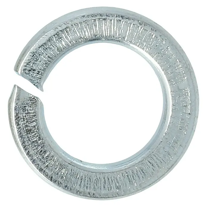 Profi Depot Federring - 5,1 mm, 100 Stk., DIN 127, Verzinkt - Detailaufnahme eines silbernen Federrings mit einer Öffnung, der für verschiedene Befestigungsanwendungen geeignet ist.