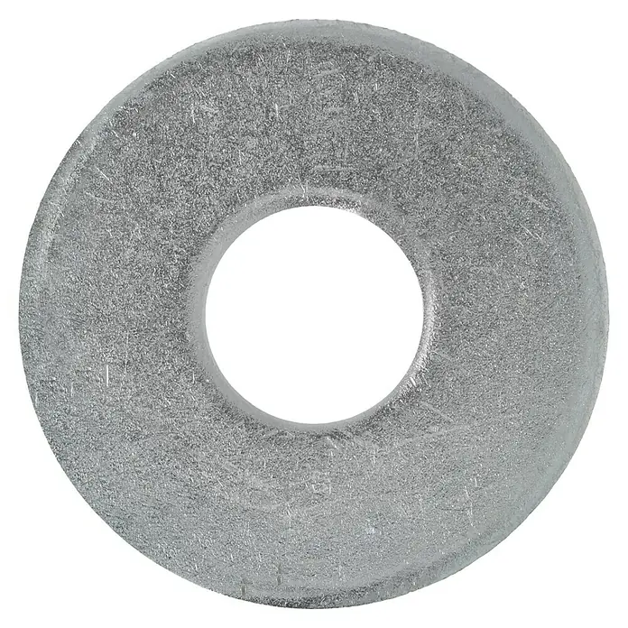 Profi Depot Bauscheibe VZ - 13 mm, 100 Stk., Verzinkt - Nahaufnahme einer metallischen Unterlegscheibe mit einem zentralen Loch, ideal für Bau- und Reparaturprojekte.