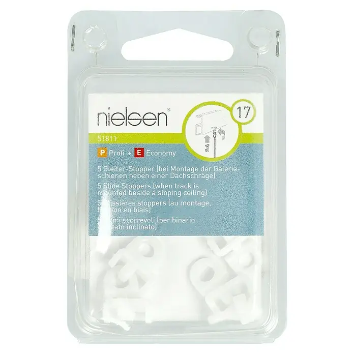 Nielsen Gleiterstopper - Passend für: Nielsen Galerieschiene Economy/Profi - Produktabbildung: Nielsen Gleiter-Stopper, 5 Stück für Galerienmontage bei Dachschrägen. Praktisches Zubehör für Bilderaufhängungssysteme.