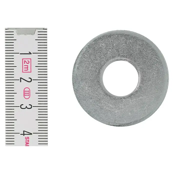 Profi Depot Bauscheibe VZ - 13 mm, 100 Stk., Verzinkt - Nahaufnahme einer Unterlegscheibe mit einem danebenliegenden Messwerkzeug zur Größenbestimmung.
