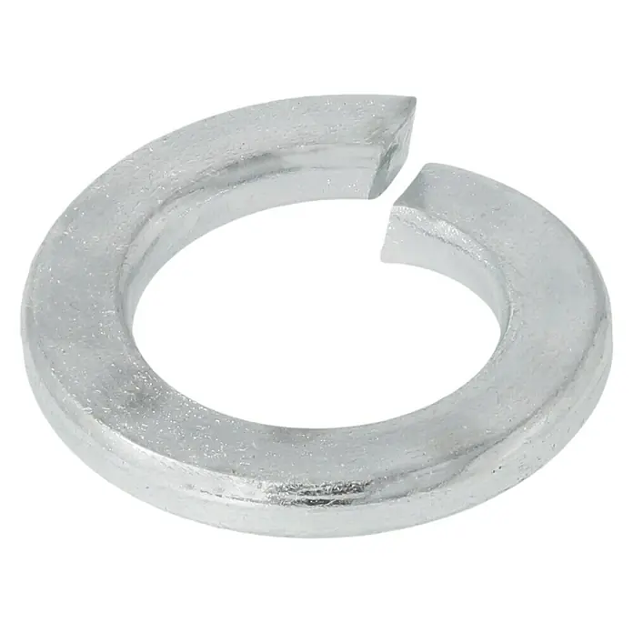 Profi Depot Federring - 10,2 mm, 100 Stk., DIN 127, Verzinkt - Nahaufnahme einer silbernen Federscheibe, einem Befestigungselement, das Spannung erzeugt und Vibrationen reduziert.
