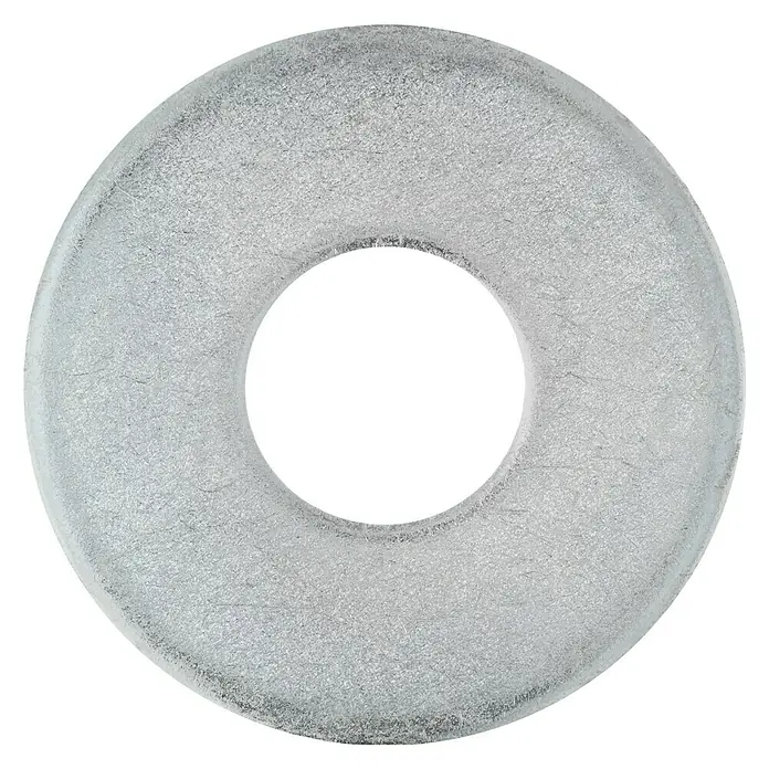 Profi Depot Bauscheibe VZ - 20 mm, 25 Stk., Verzinkt - Nahaufnahme einer silbernen Unterlegscheibe mit einem Loch in der Mitte, die auf einem schwarzen Hintergrund liegt.