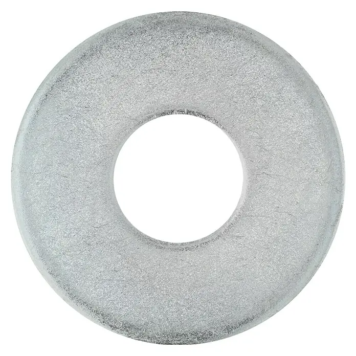 Profi Depot Arandela - Diámetro exterior: 44 mm, Acero, 50 ud., Diámetro interior: 15 milímetros (mm) - Primer plano de una arandela plateada con una superficie mate sobre un fondo negro. El producto es redondo.